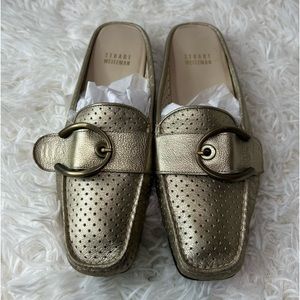 Stuart Weitzman Slip On Mules Loafers Shoes Gold Leather Buckle Womens 7